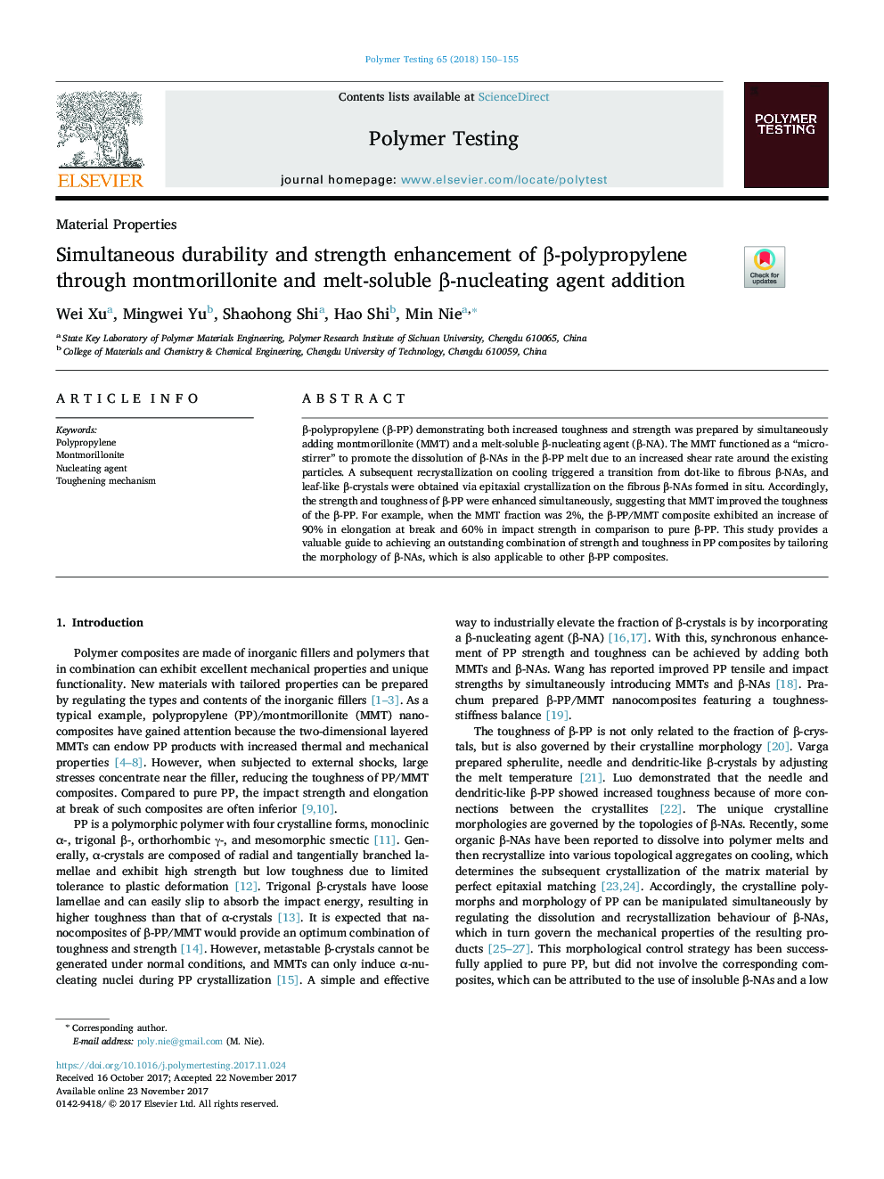 Simultaneous durability and strength enhancement of Î²-polypropylene through montmorillonite and melt-soluble Î²-nucleating agent addition