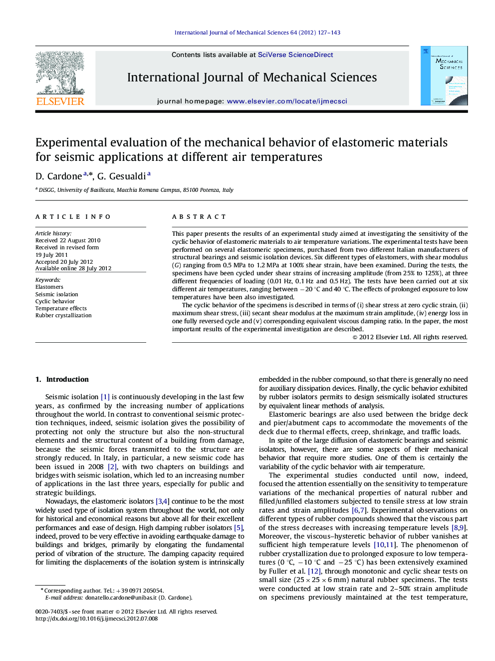 عکس صفحه اول مقاله: Experimental evaluation of the mechanical behavior of elastomeric materials for seismic applications at different air temperatures Experimental evaluation of the mechanical behavior of elastomeric materials for seismic applications at different air temperatures