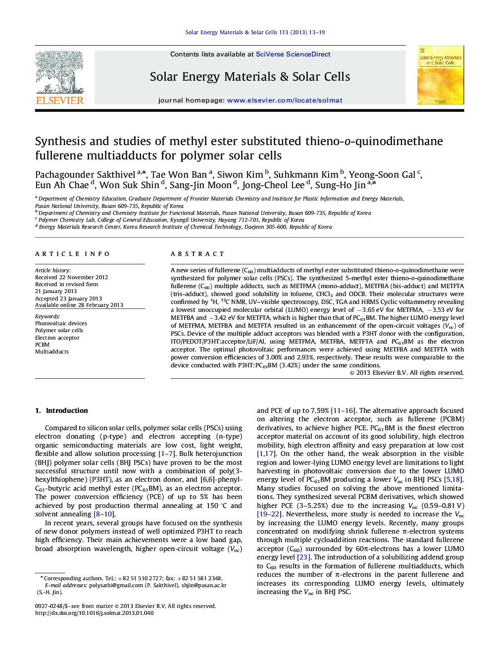 Synthesis and studies of methyl ester substituted thieno-o-quinodimethane fullerene multiadducts for polymer solar cells