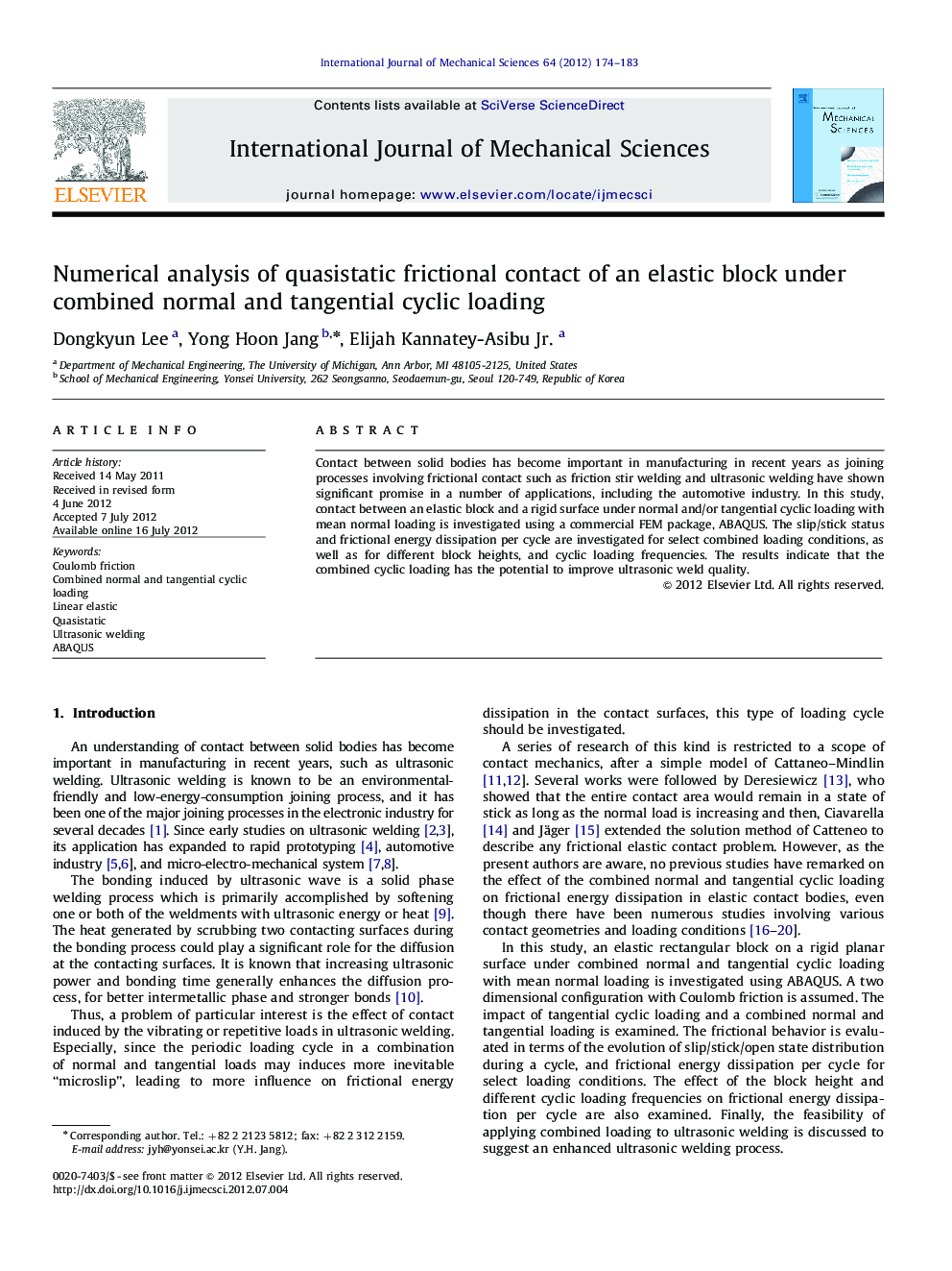 Numerical analysis of quasistatic frictional contact of an elastic block under combined normal and tangential cyclic loading