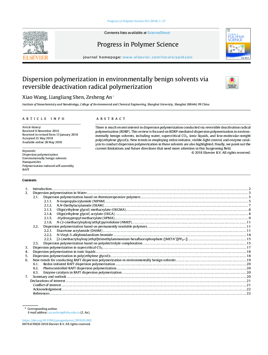 Dispersion polymerization in environmentally benign solvents via reversible deactivation radical polymerization