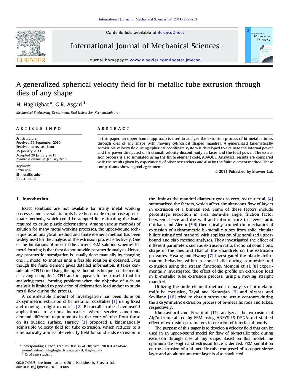 A generalized spherical velocity field for bi-metallic tube extrusion through dies of any shape