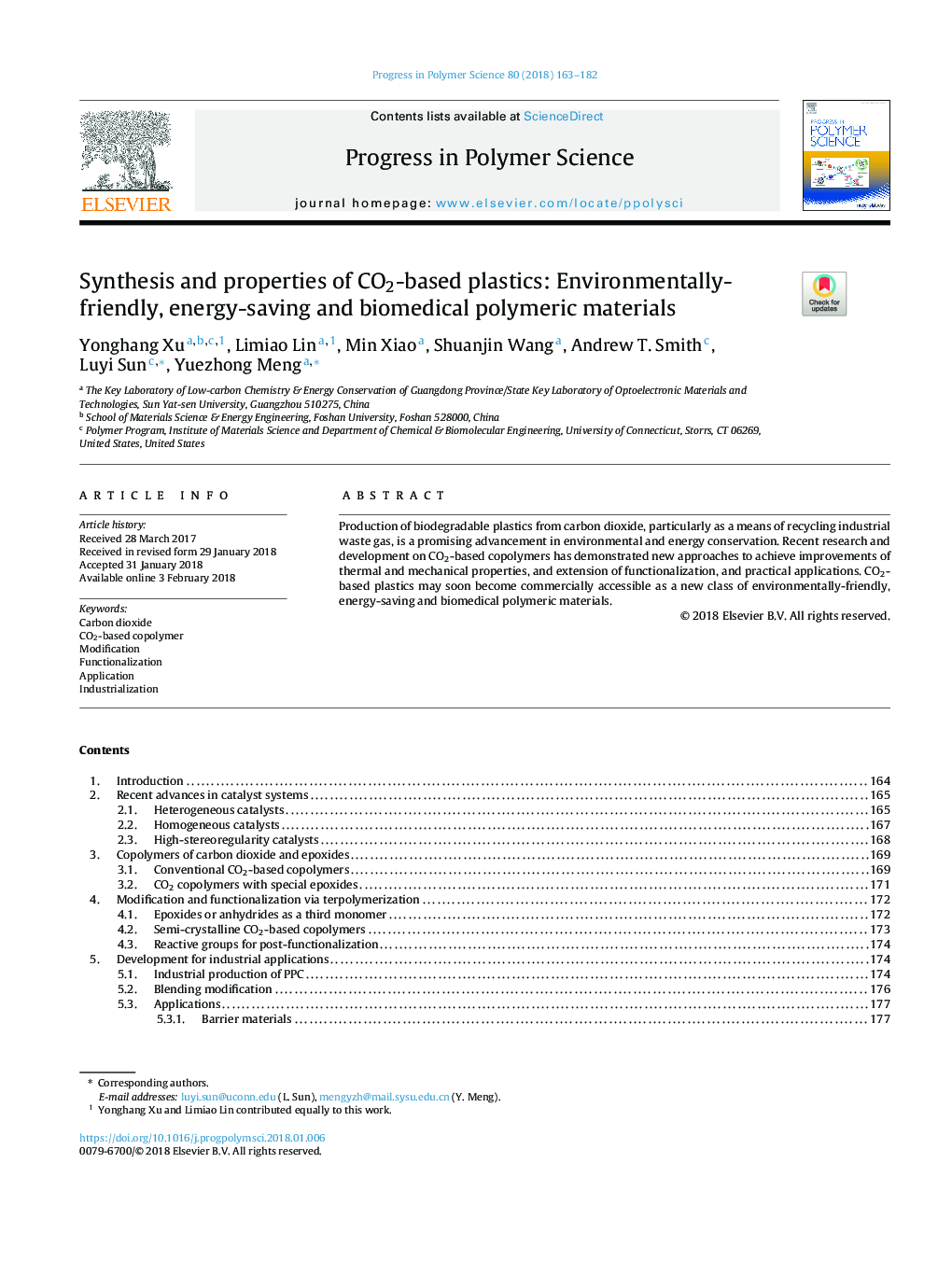 عکس صفحه اول مقاله: Synthesis and properties of CO2-based plastics: Environmentally-friendly, energy-saving and biomedical polymeric materials Synthesis and properties of CO2-based plastics: Environmentally-friendly, energy-saving and biomedical polymeric materials