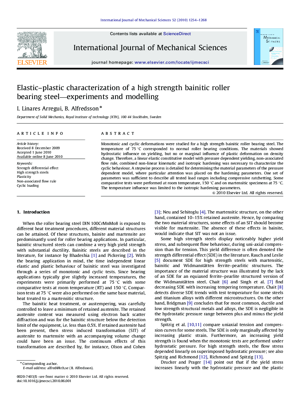 Elastic–plastic characterization of a high strength bainitic roller bearing steel—experiments and modelling