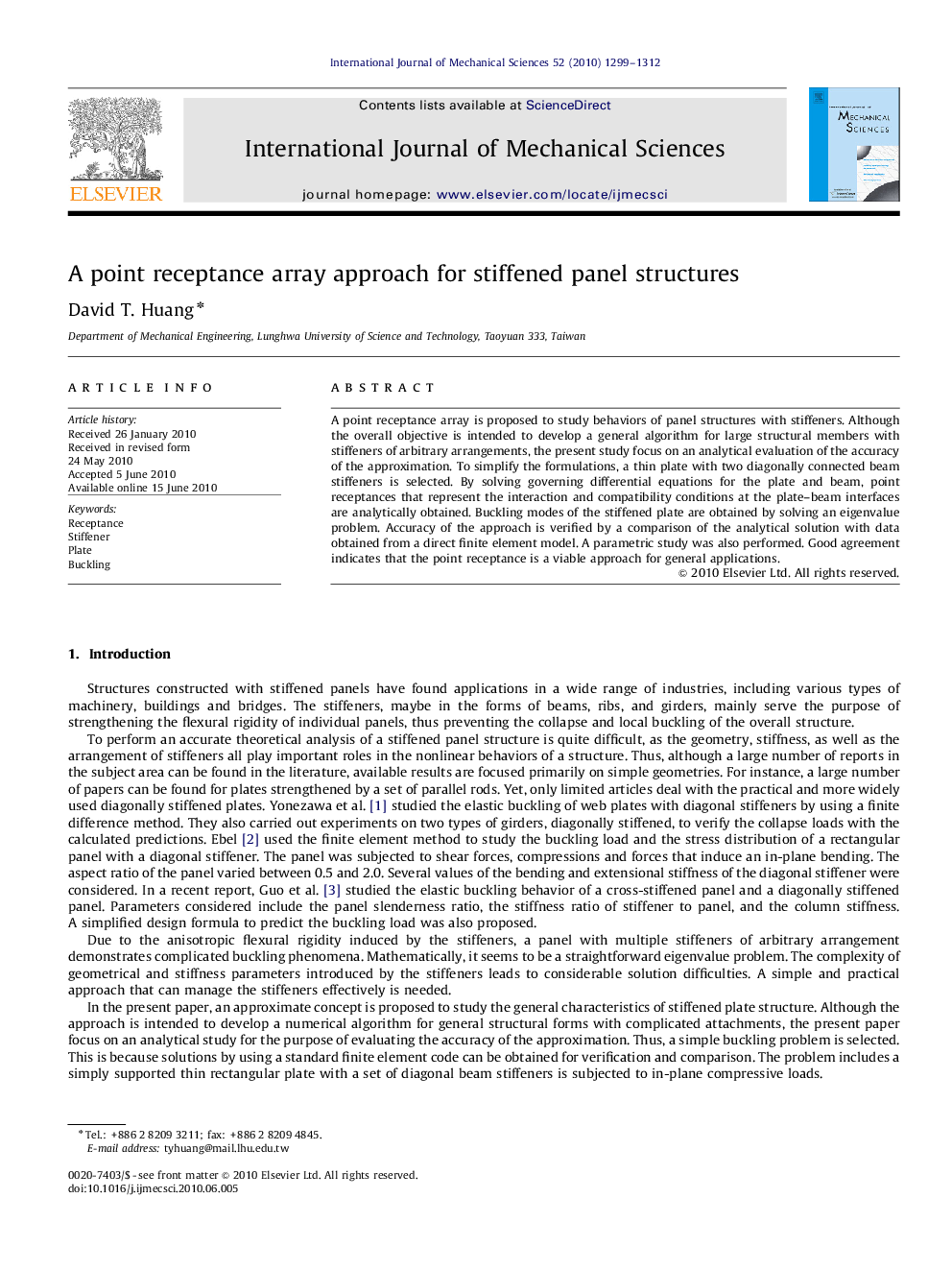 A point receptance array approach for stiffened panel structures