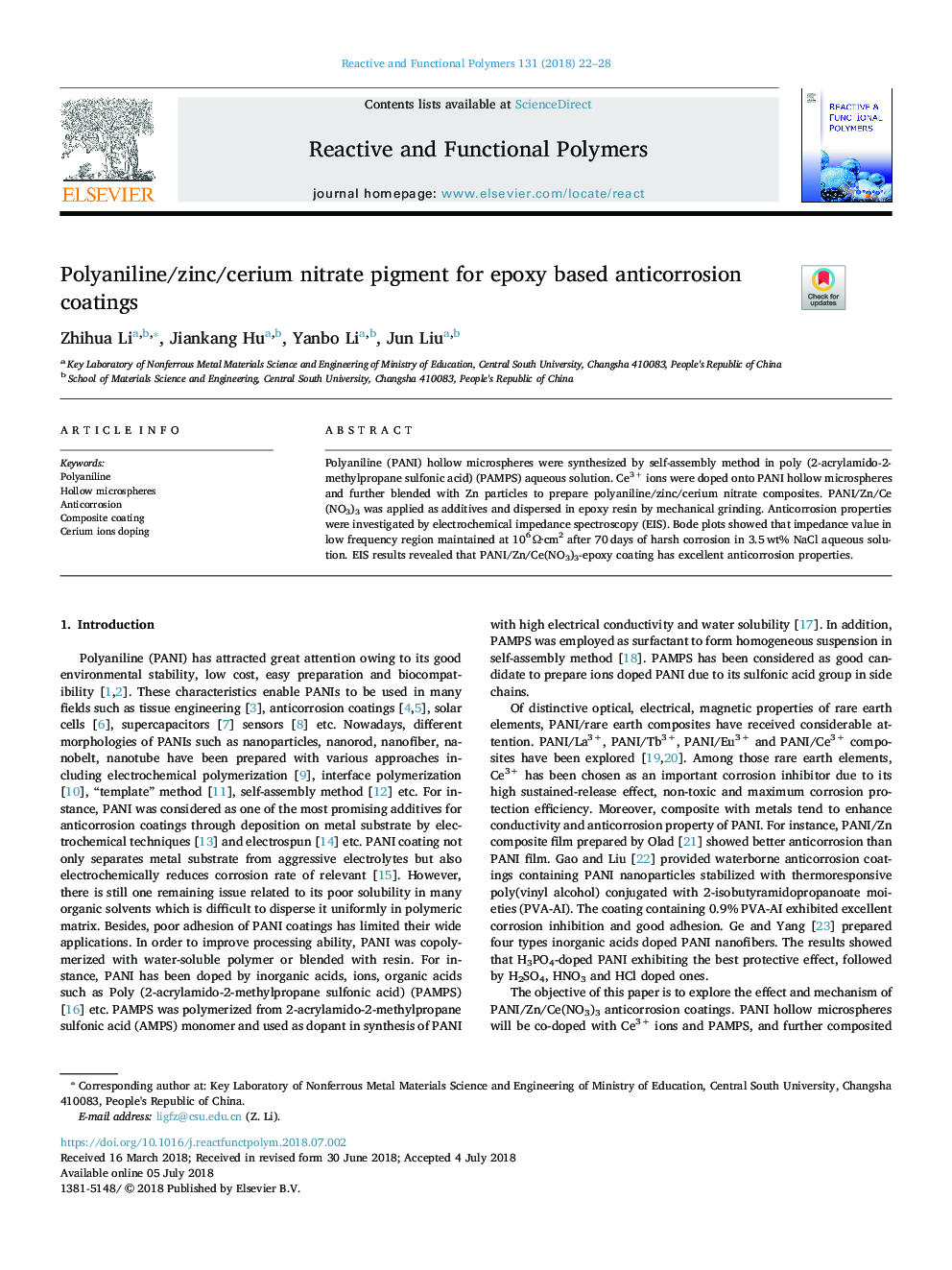 Polyaniline/zinc/cerium nitrate pigment for epoxy based anticorrosion coatings