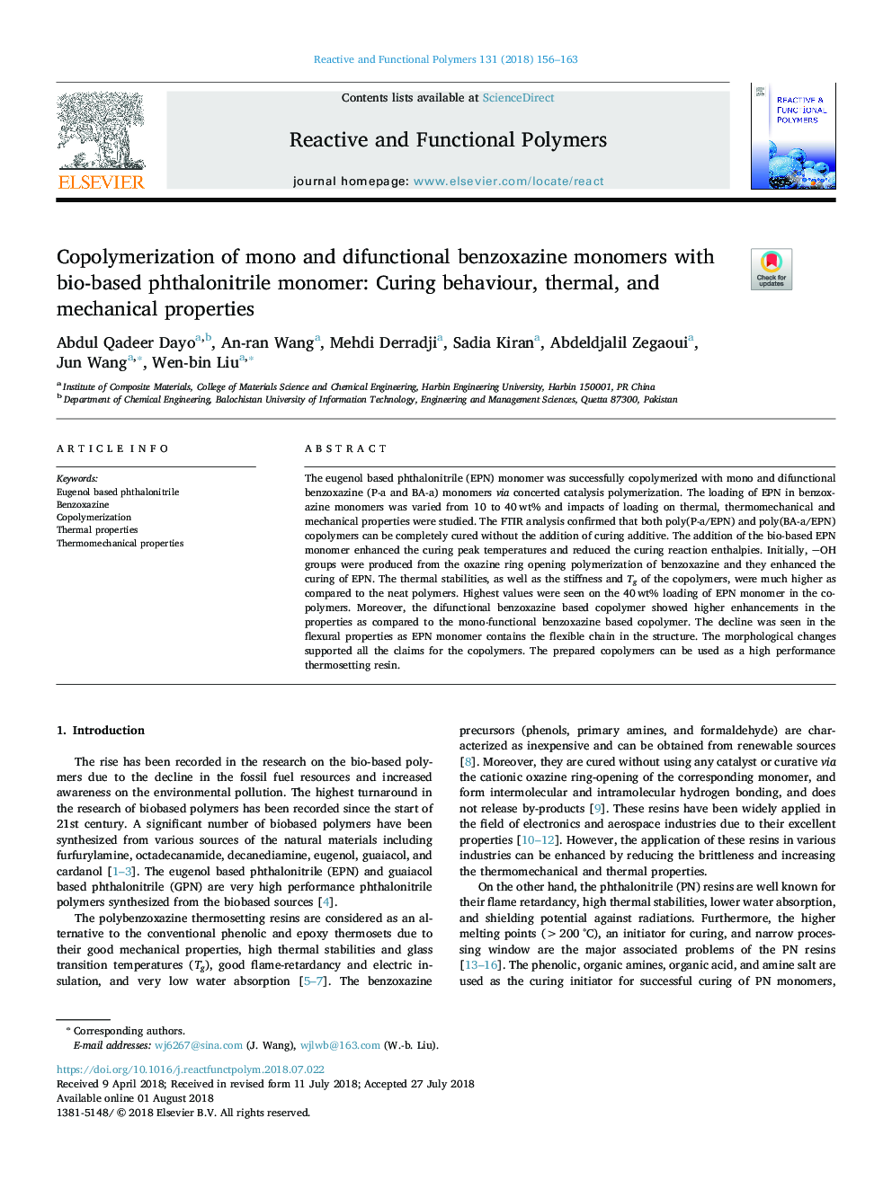 Copolymerization of mono and difunctional benzoxazine monomers with bio-based phthalonitrile monomer: Curing behaviour, thermal, and mechanical properties