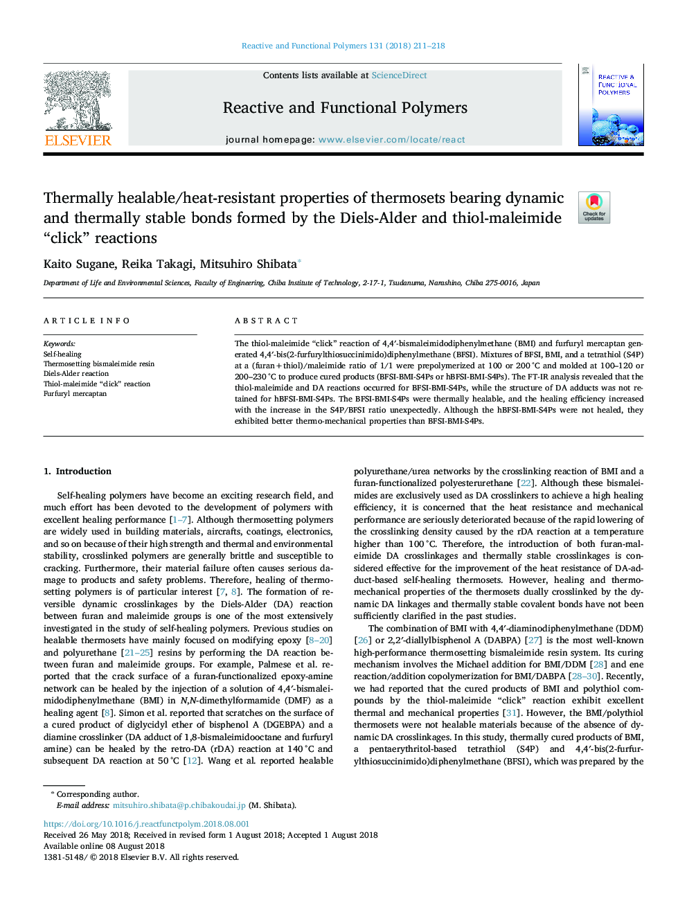 Thermally healable/heat-resistant properties of thermosets bearing dynamic and thermally stable bonds formed by the Diels-Alder and thiol-maleimide “click” reactions