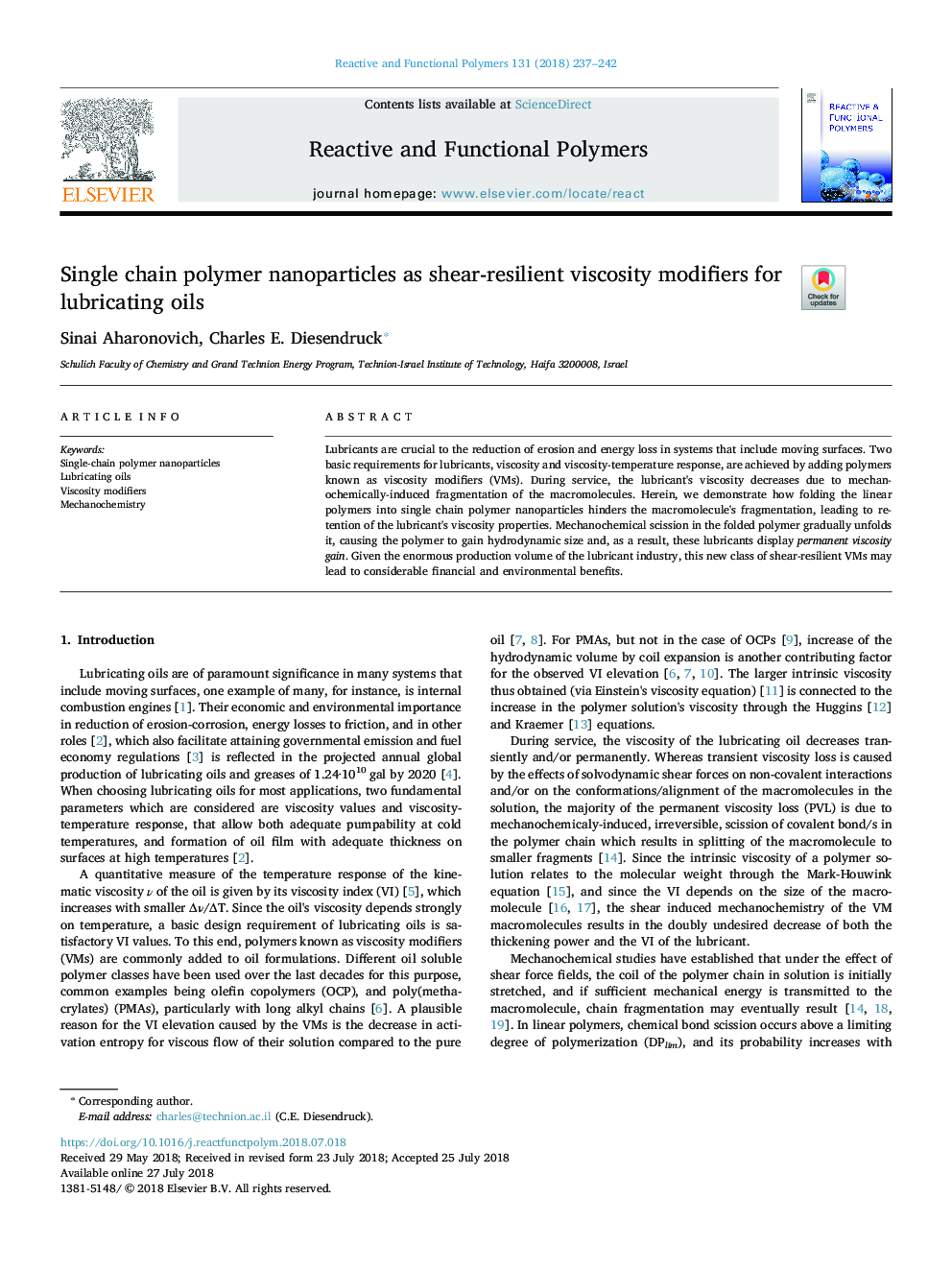 Single chain polymer nanoparticles as shear-resilient viscosity modifiers for lubricating oils