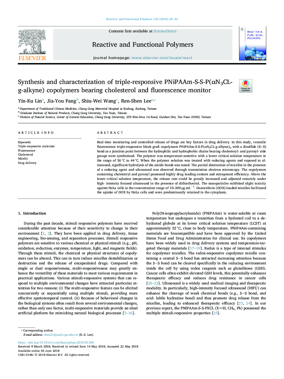 Synthesis and characterization of triple-responsive PNiPAAm-S-S-P(Î±N3CL-g-alkyne) copolymers bearing cholesterol and fluorescence monitor