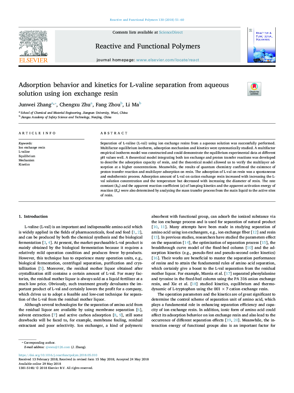 Adsorption behavior and kinetics for L-valine separation from aqueous solution using ion exchange resin