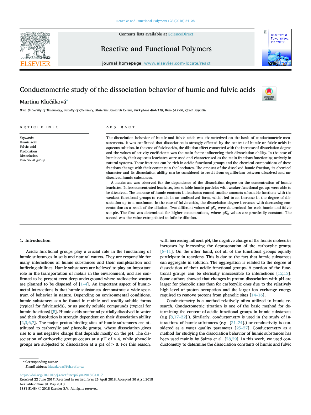 Conductometric study of the dissociation behavior of humic and fulvic acids