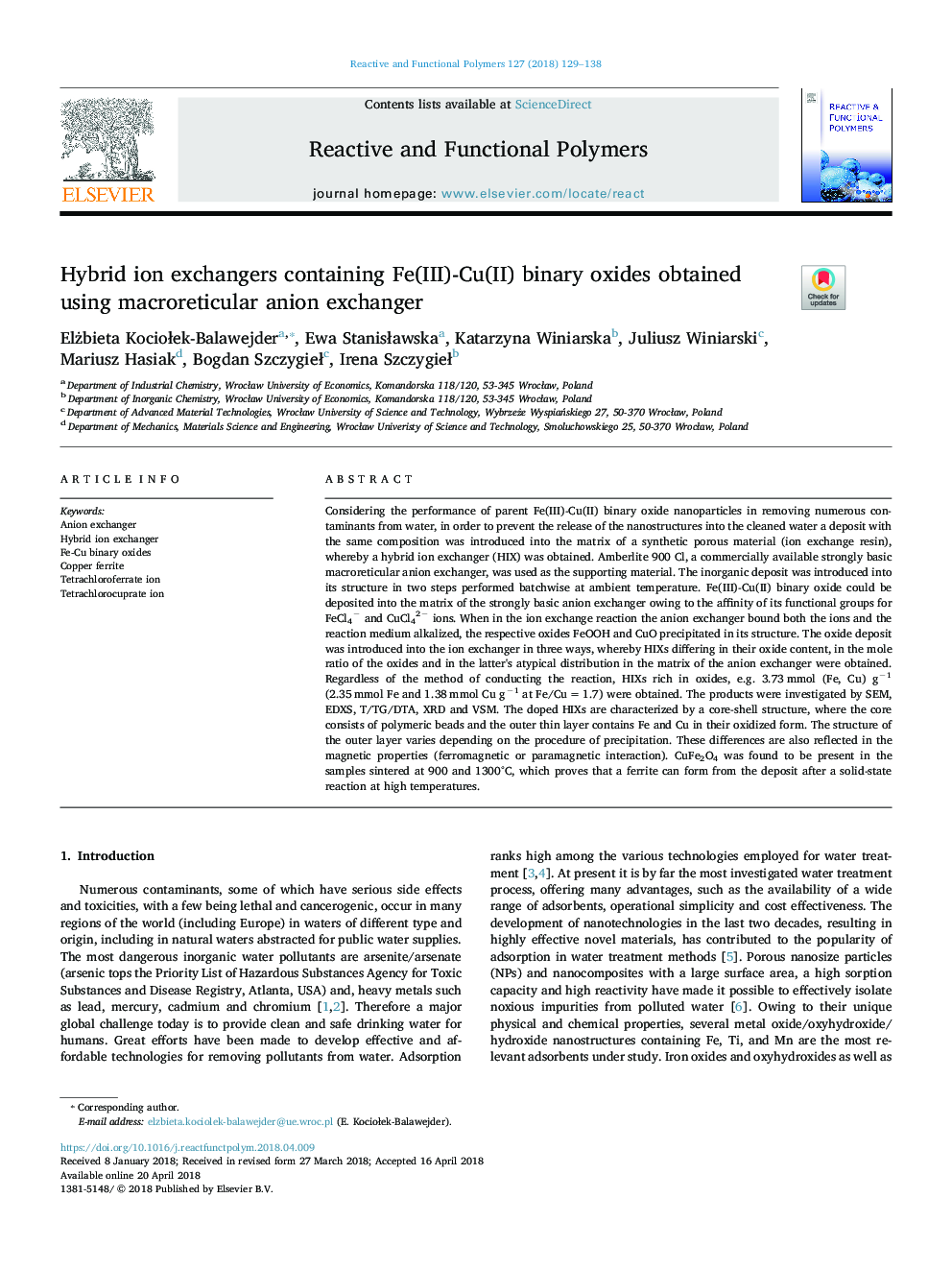 Hybrid ion exchangers containing Fe(III)-Cu(II) binary oxides obtained using macroreticular anion exchanger