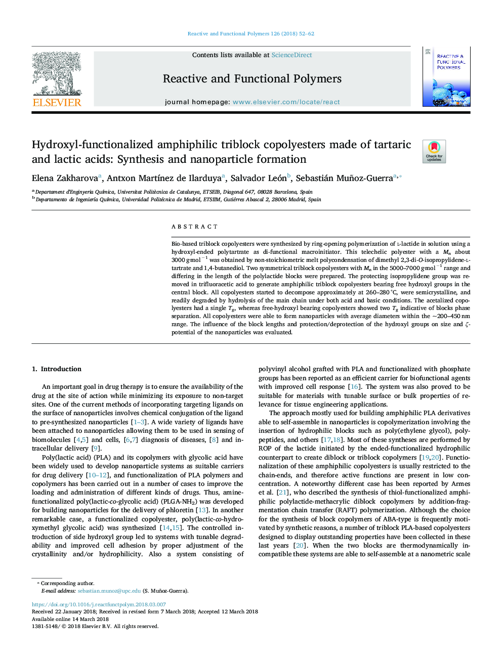 Hydroxyl-functionalized amphiphilic triblock copolyesters made of tartaric and lactic acids: Synthesis and nanoparticle formation