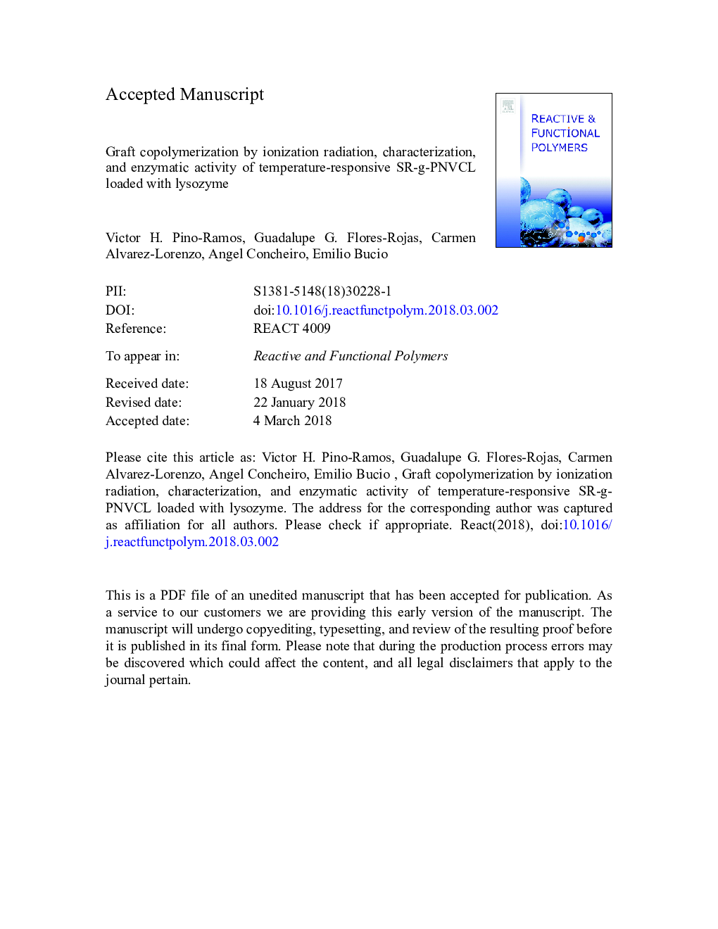 Graft copolymerization by ionization radiation, characterization, and enzymatic activity of temperature-responsive SR-g-PNVCL loaded with lysozyme