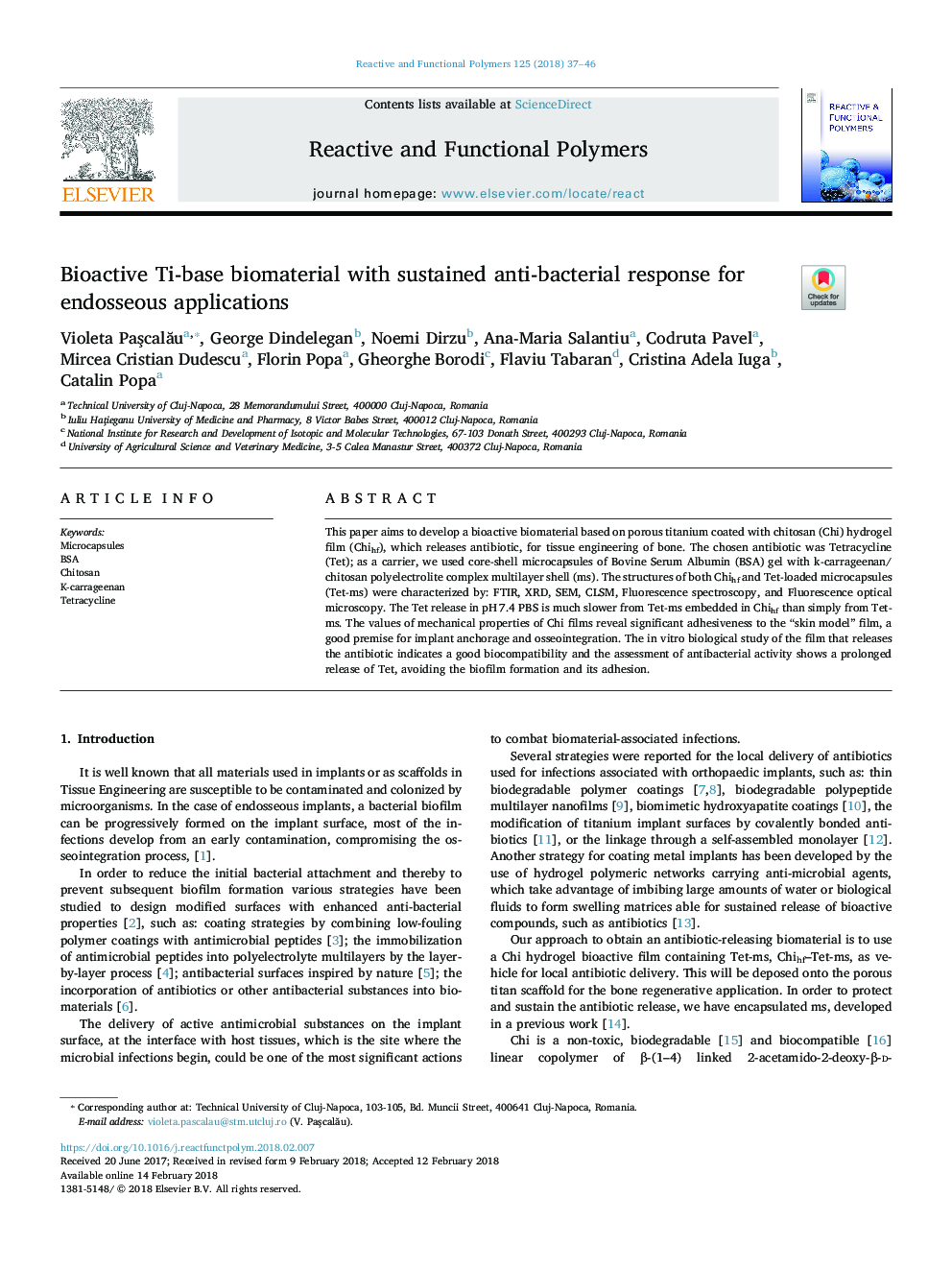 Bioactive Ti-base biomaterial with sustained anti-bacterial response for endosseous applications