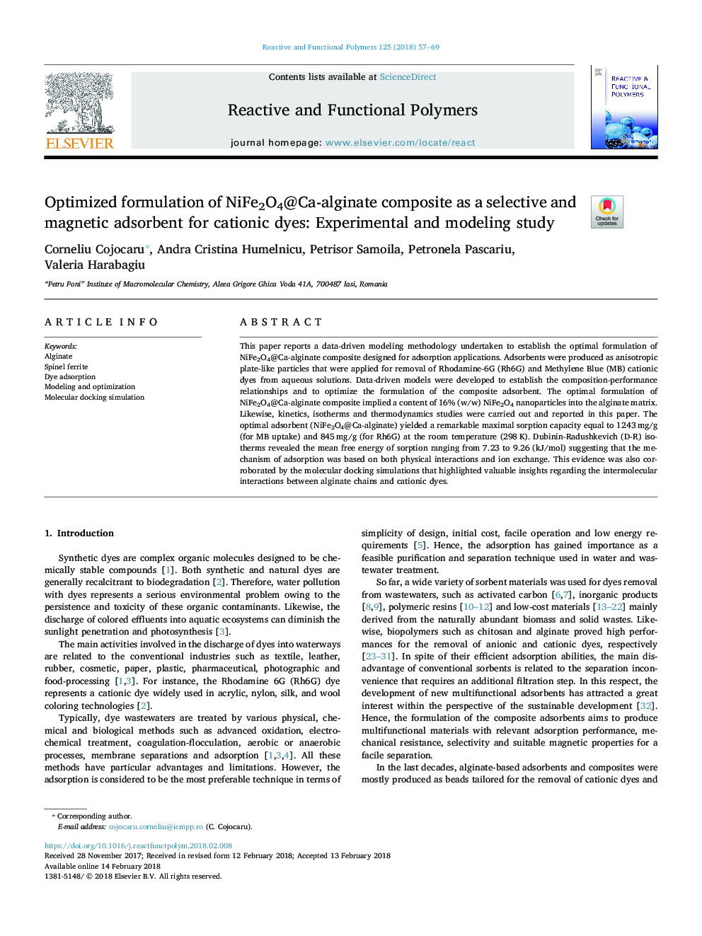 Optimized formulation of NiFe2O4@Ca-alginate composite as a selective and magnetic adsorbent for cationic dyes: Experimental and modeling study