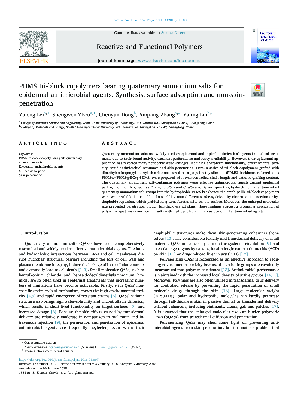 PDMS tri-block copolymers bearing quaternary ammonium salts for epidermal antimicrobial agents: Synthesis, surface adsorption and non-skin-penetration