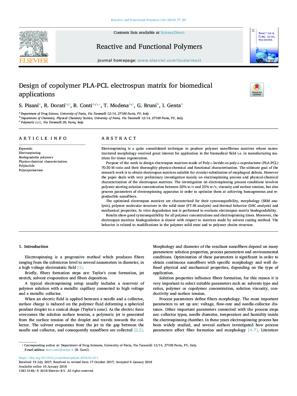 Design of copolymer PLA-PCL electrospun matrix for biomedical applications