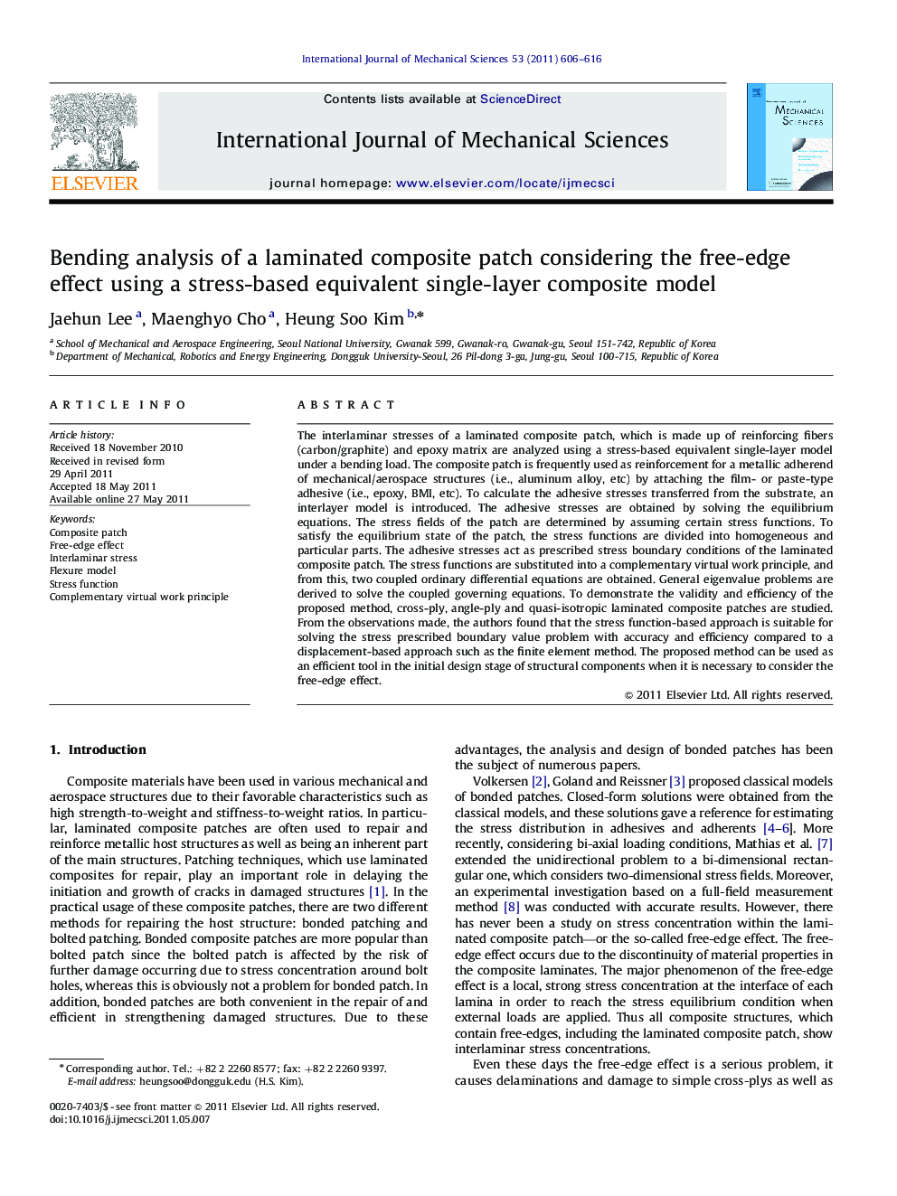 Bending analysis of a laminated composite patch considering the free-edge effect using a stress-based equivalent single-layer composite model