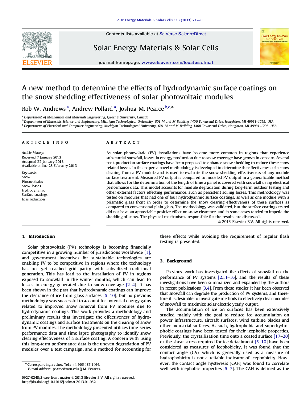 A new method to determine the effects of hydrodynamic surface coatings on the snow shedding effectiveness of solar photovoltaic modules