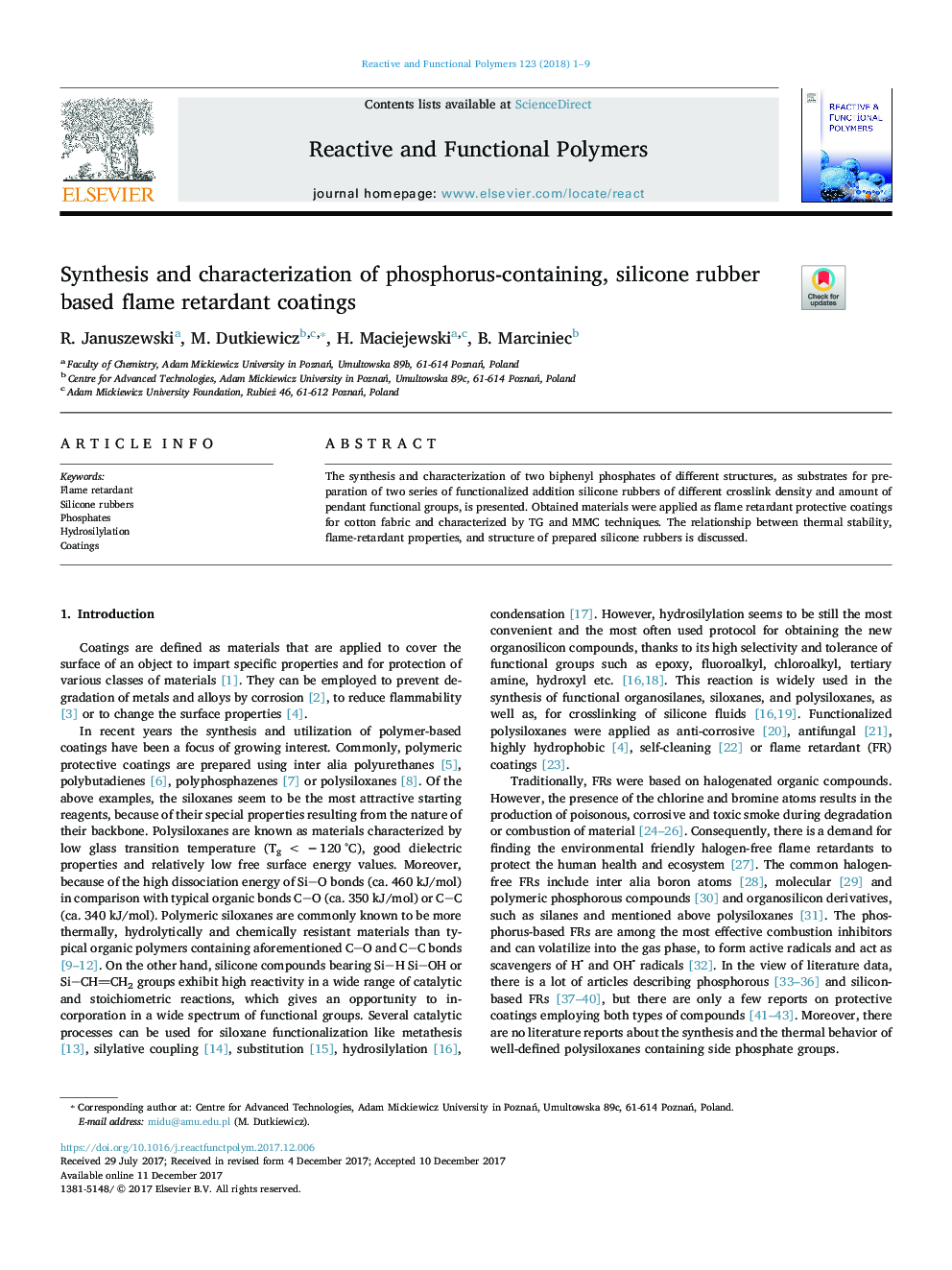 Synthesis and characterization of phosphorus-containing, silicone rubber based flame retardant coatings