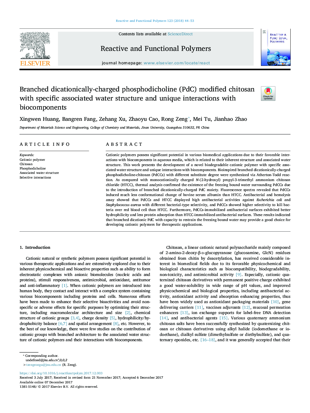 Branched dicationically-charged phosphodicholine (PdC) modified chitosan with specific associated water structure and unique interactions with biocomponents