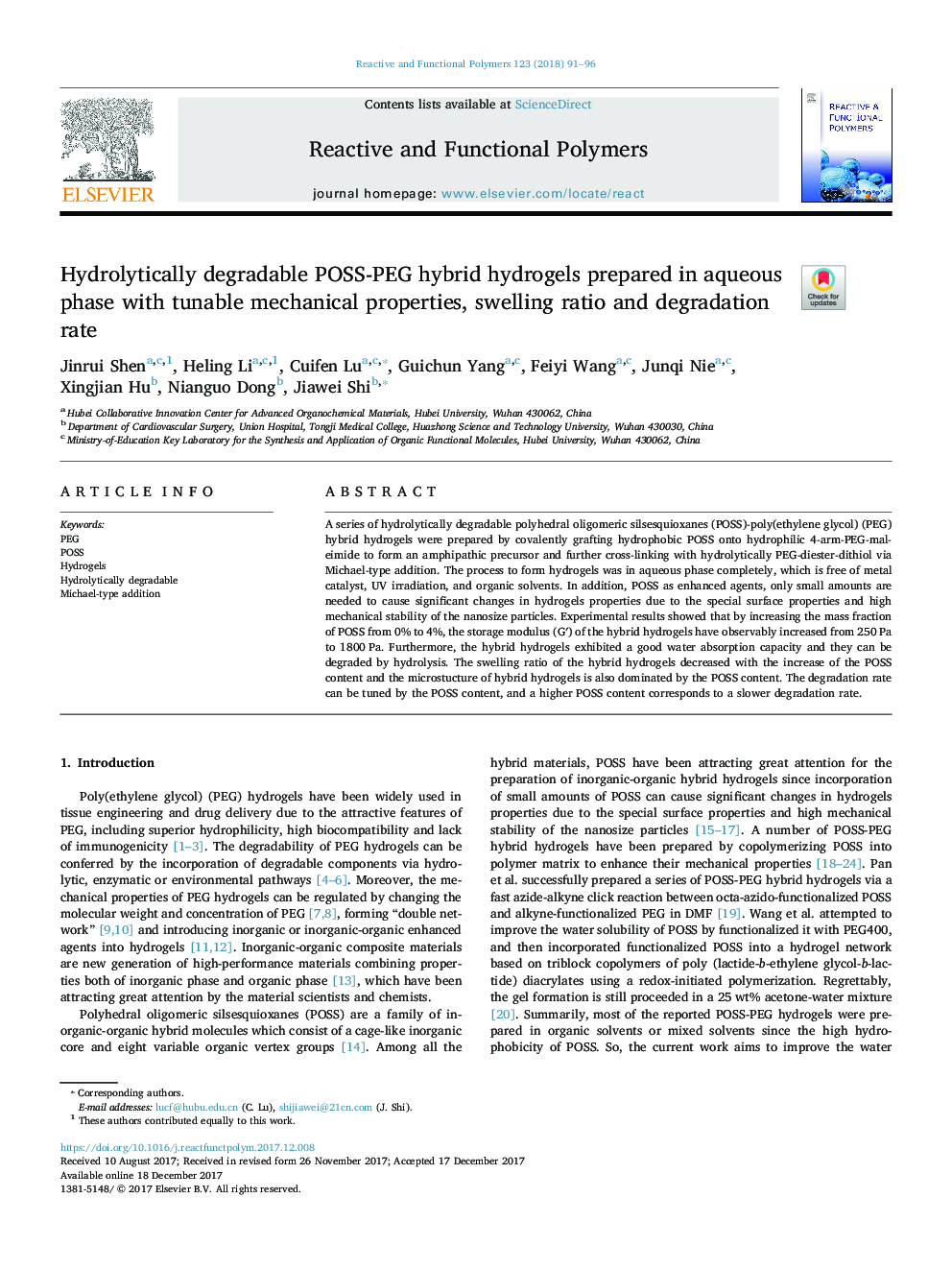 Hydrolytically degradable POSS-PEG hybrid hydrogels prepared in aqueous phase with tunable mechanical properties, swelling ratio and degradation rate