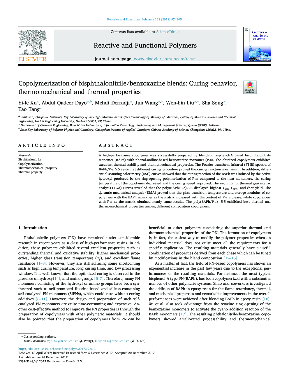 Copolymerization of bisphthalonitrile/benzoxazine blends: Curing behavior, thermomechanical and thermal properties