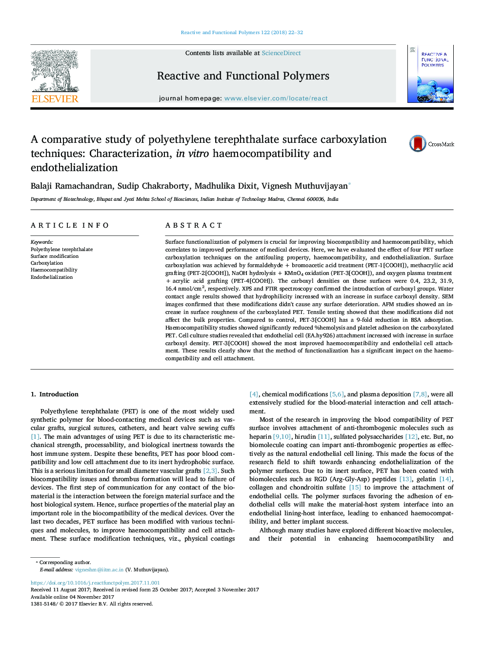 A comparative study of polyethylene terephthalate surface carboxylation techniques: Characterization, in vitro haemocompatibility and endothelialization