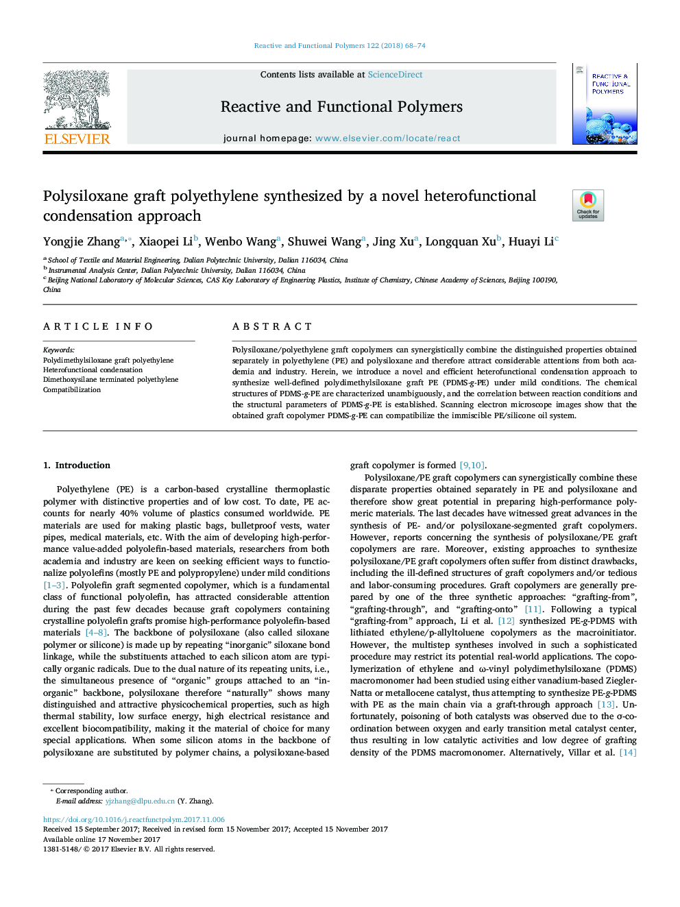 Polysiloxane graft polyethylene synthesized by a novel heterofunctional condensation approach