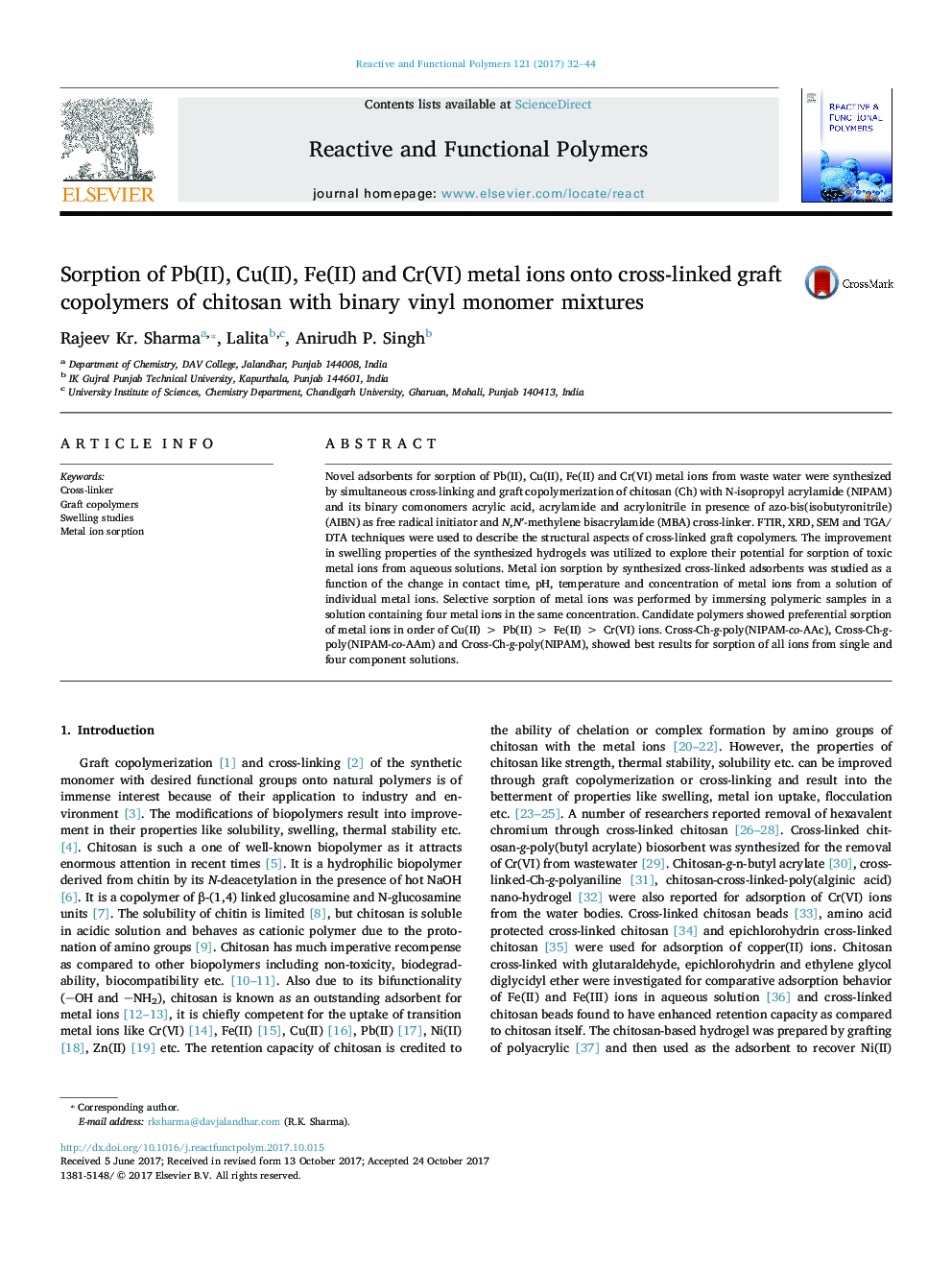 Sorption of Pb(II), Cu(II), Fe(II) and Cr(VI) metal ions onto cross-linked graft copolymers of chitosan with binary vinyl monomer mixtures