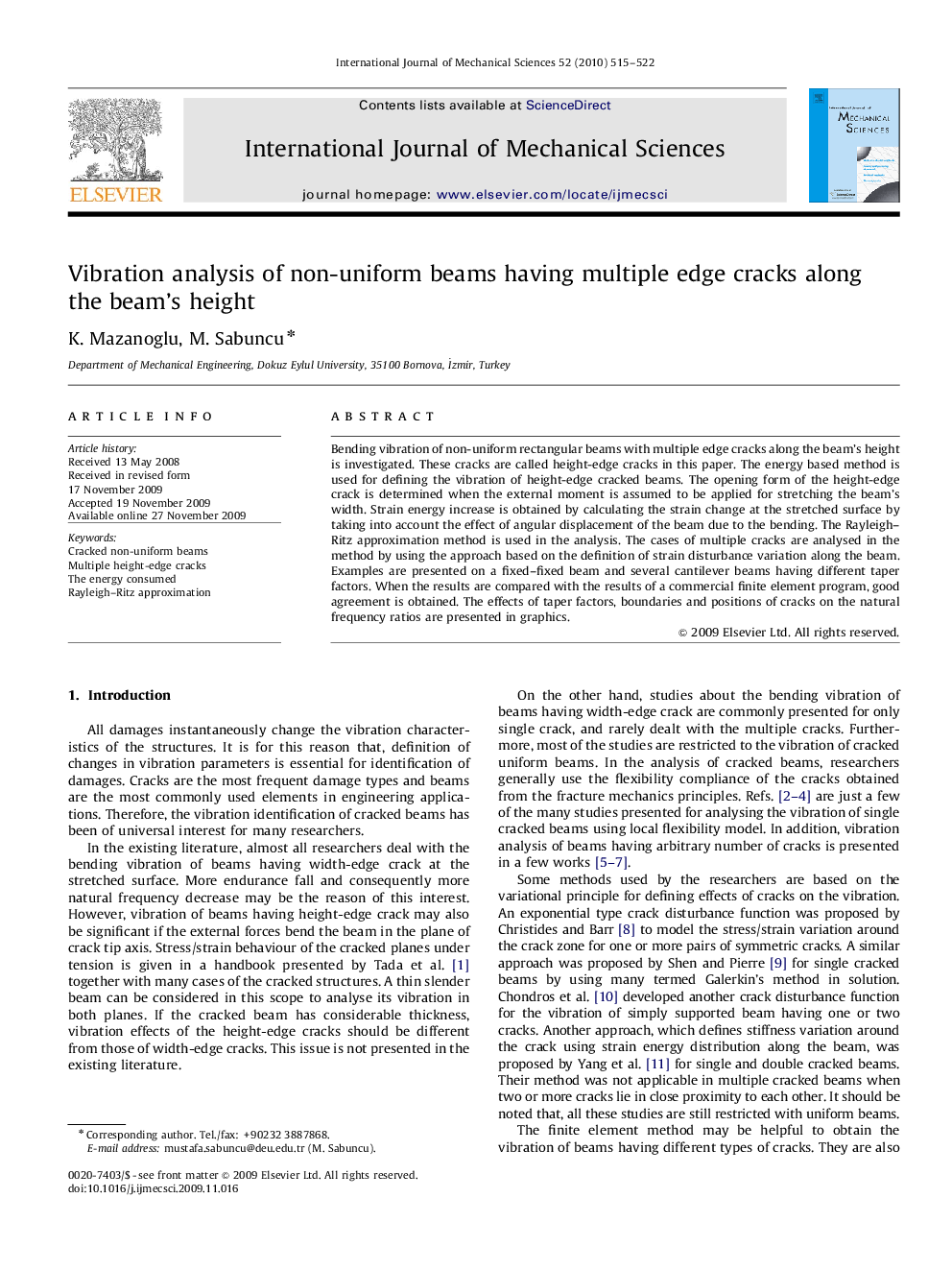 عکس صفحه اول مقاله: Vibration analysis of non-uniform beams having multiple edge cracks along the beam's height Vibration analysis of non-uniform beams having multiple edge cracks along the beam's height
