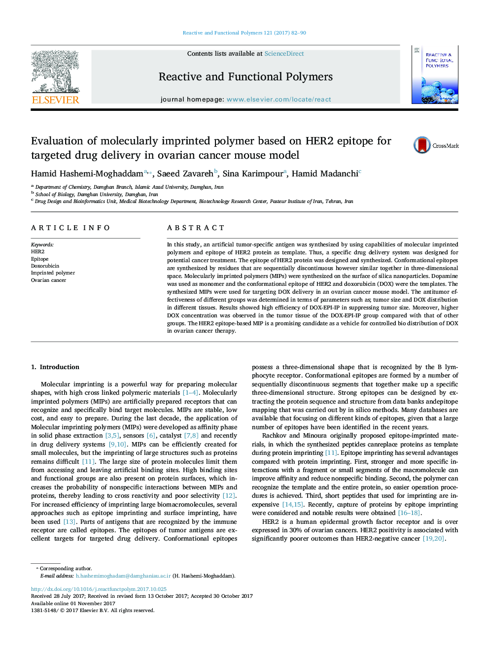 Evaluation of molecularly imprinted polymer based on HER2 epitope for targeted drug delivery in ovarian cancer mouse model