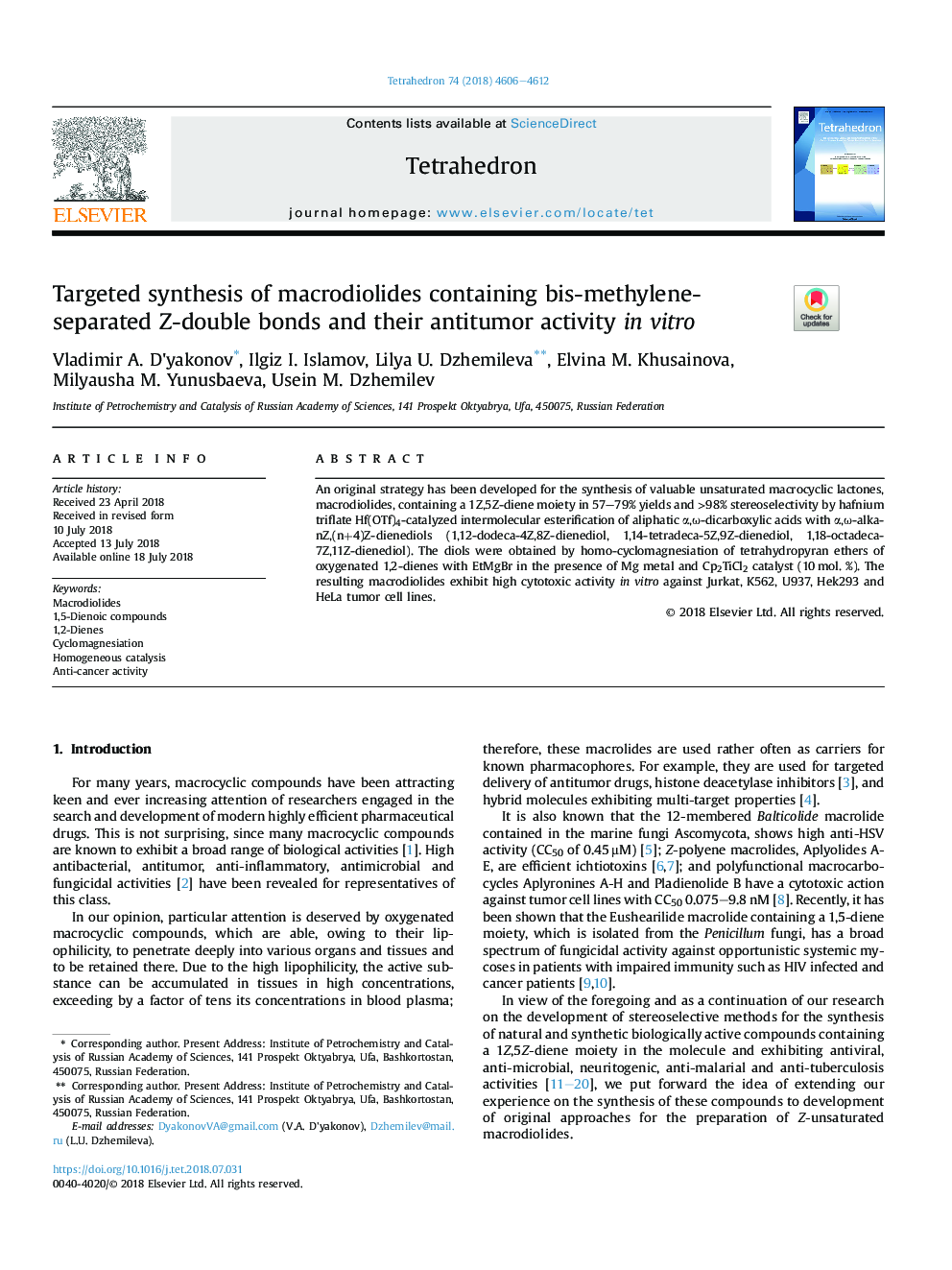 Targeted synthesis of macrodiolides containing bis-methylene-separated Z-double bonds and their antitumor activity inÂ vitro