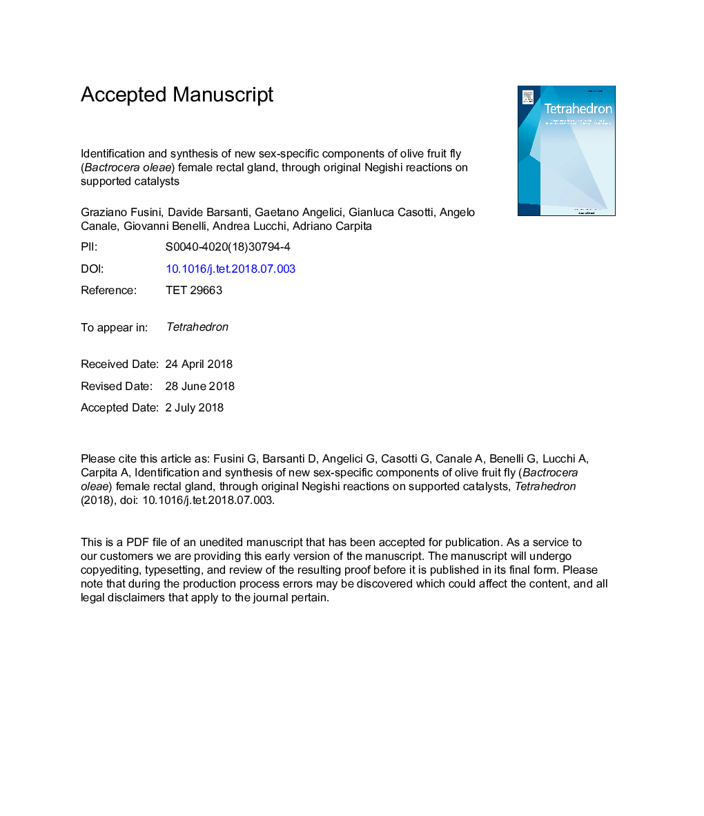 Identification and synthesis of new sex-specific components of olive fruit fly (Bactrocera oleae) female rectal gland, through original Negishi reactions on supported catalysts