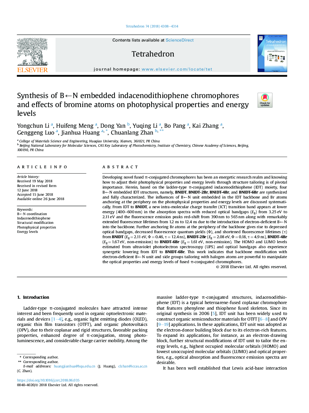 Synthesis of BâN embedded indacenodithiophene chromophores and effects of bromine atoms on photophysical properties and energy levels