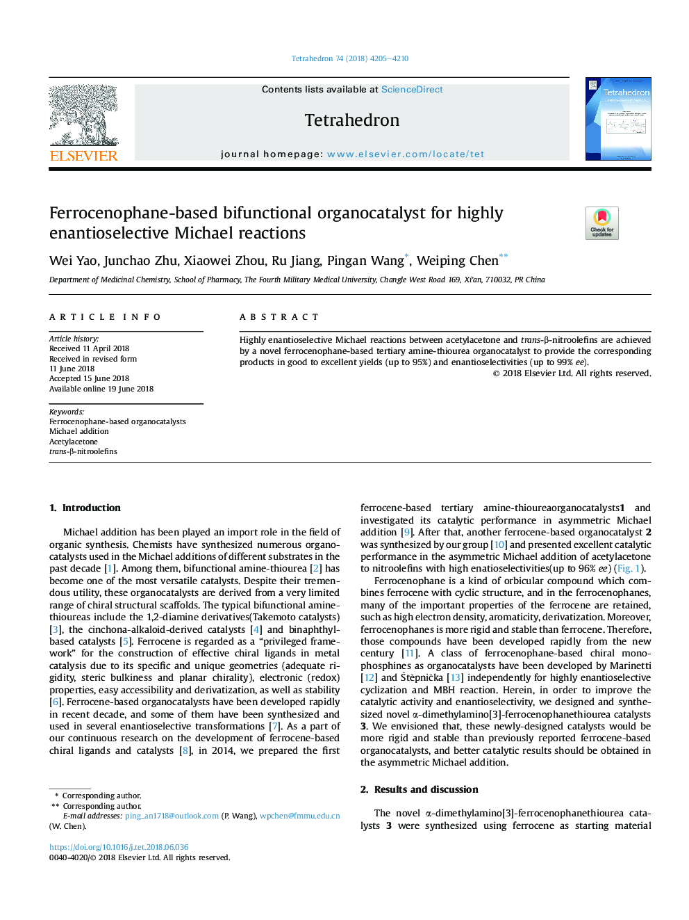 Ferrocenophane-based bifunctional organocatalyst for highly enantioselective Michael reactions