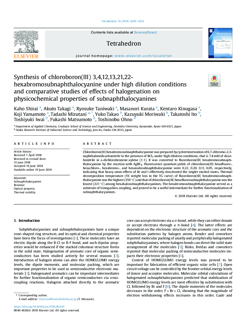 Synthesis of chloroboron(III) 3,4,12,13,21,22- hexabromosubnaphthalocyanine under high dilution conditions andÂ comparative studies of effects of halogenation on physicochemicalÂ properties of subnaphthalocyanines