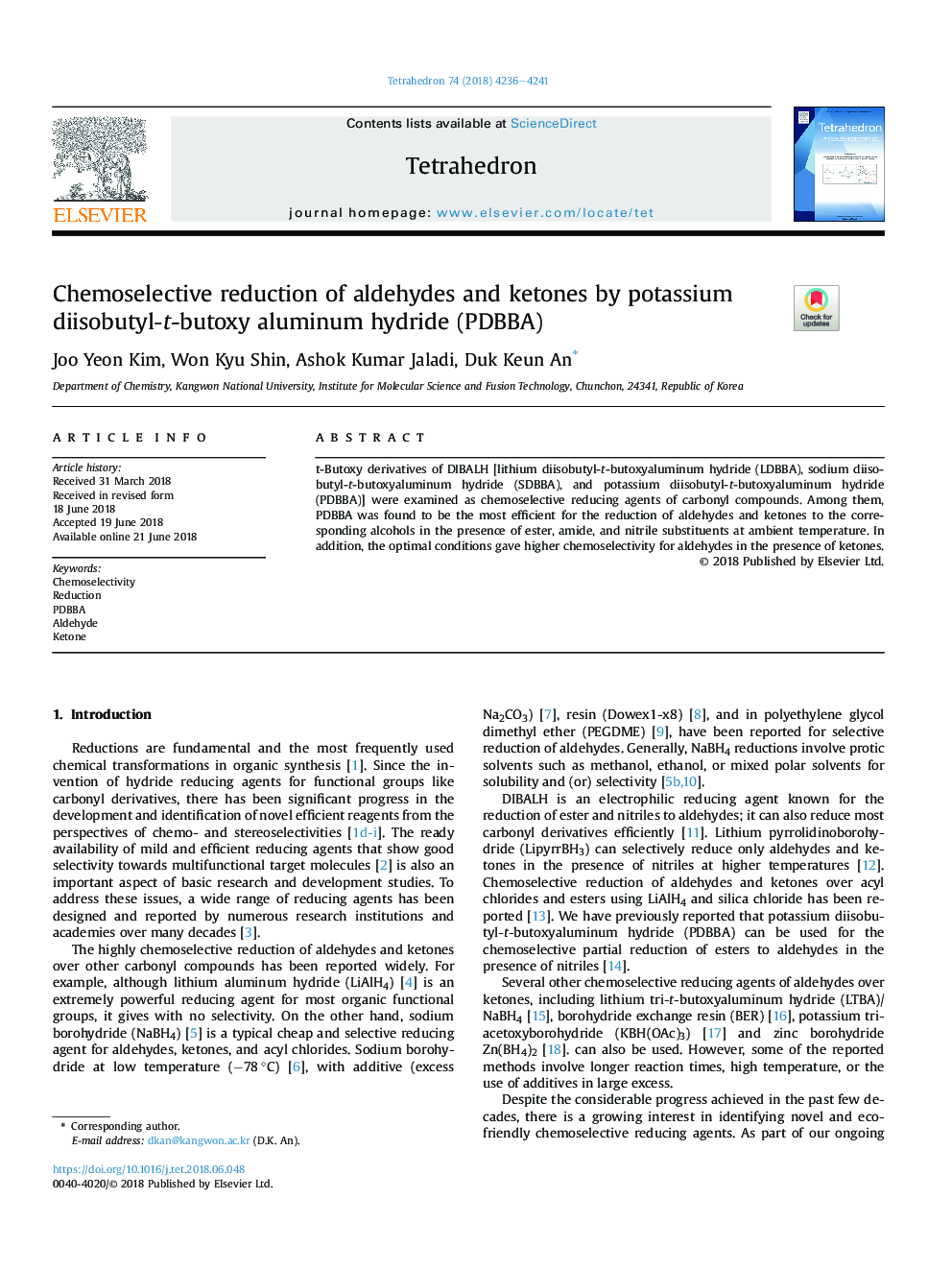 Chemoselective reduction of aldehydes and ketones by potassium diisobutyl-t-butoxy aluminum hydride (PDBBA)