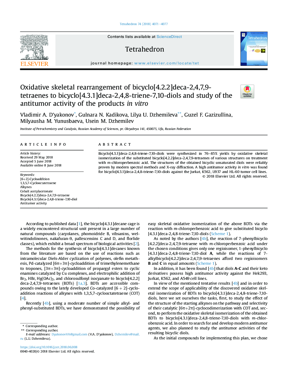 Oxidative skeletal rearrangement of bicyclo[4.2.2]deca-2,4,7,9-tetraenes to bicyclo[4.3.1]deca-2,4,8-triene-7,10-diols and study of the antitumor activity of the products inÂ vitro