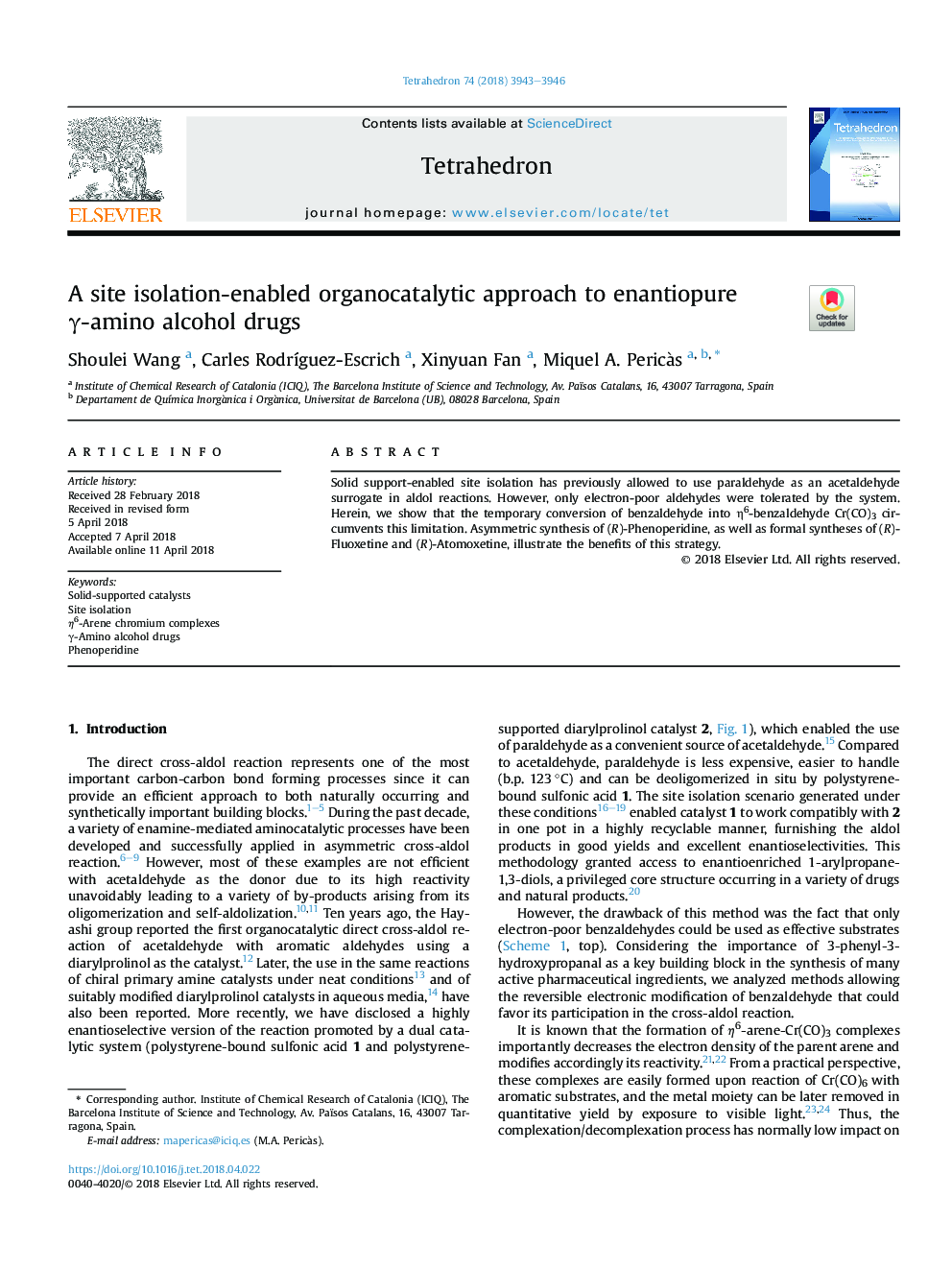 عکس صفحه اول مقاله: A site isolation-enabled organocatalytic approach to enantiopure γ-amino alcohol drugs A site isolation-enabled organocatalytic approach to enantiopure γ-amino alcohol drugs