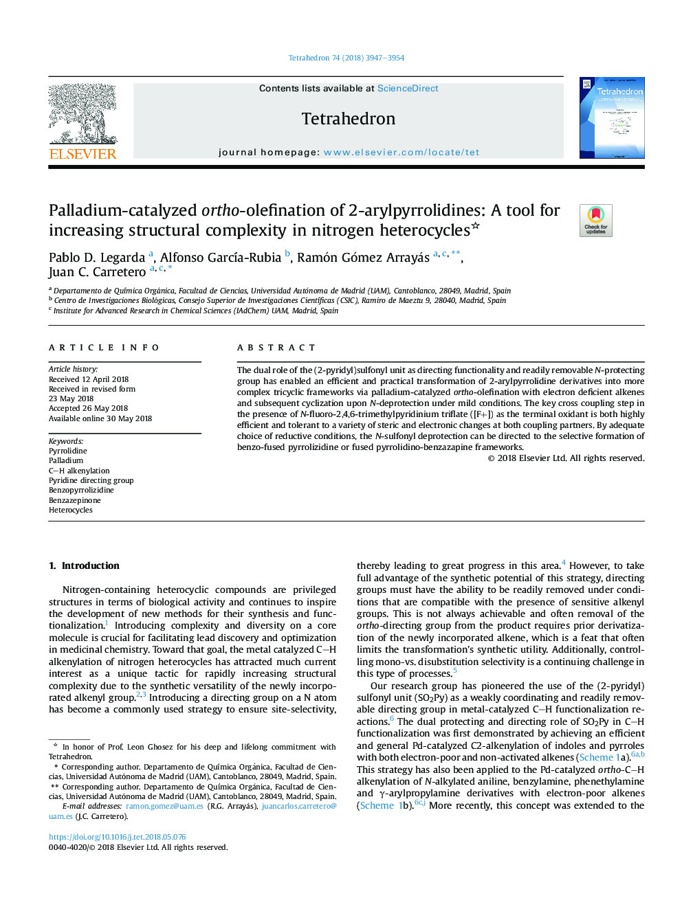 Palladium-catalyzed ortho-olefination of 2-arylpyrrolidines: A tool for increasing structural complexity in nitrogen heterocycles