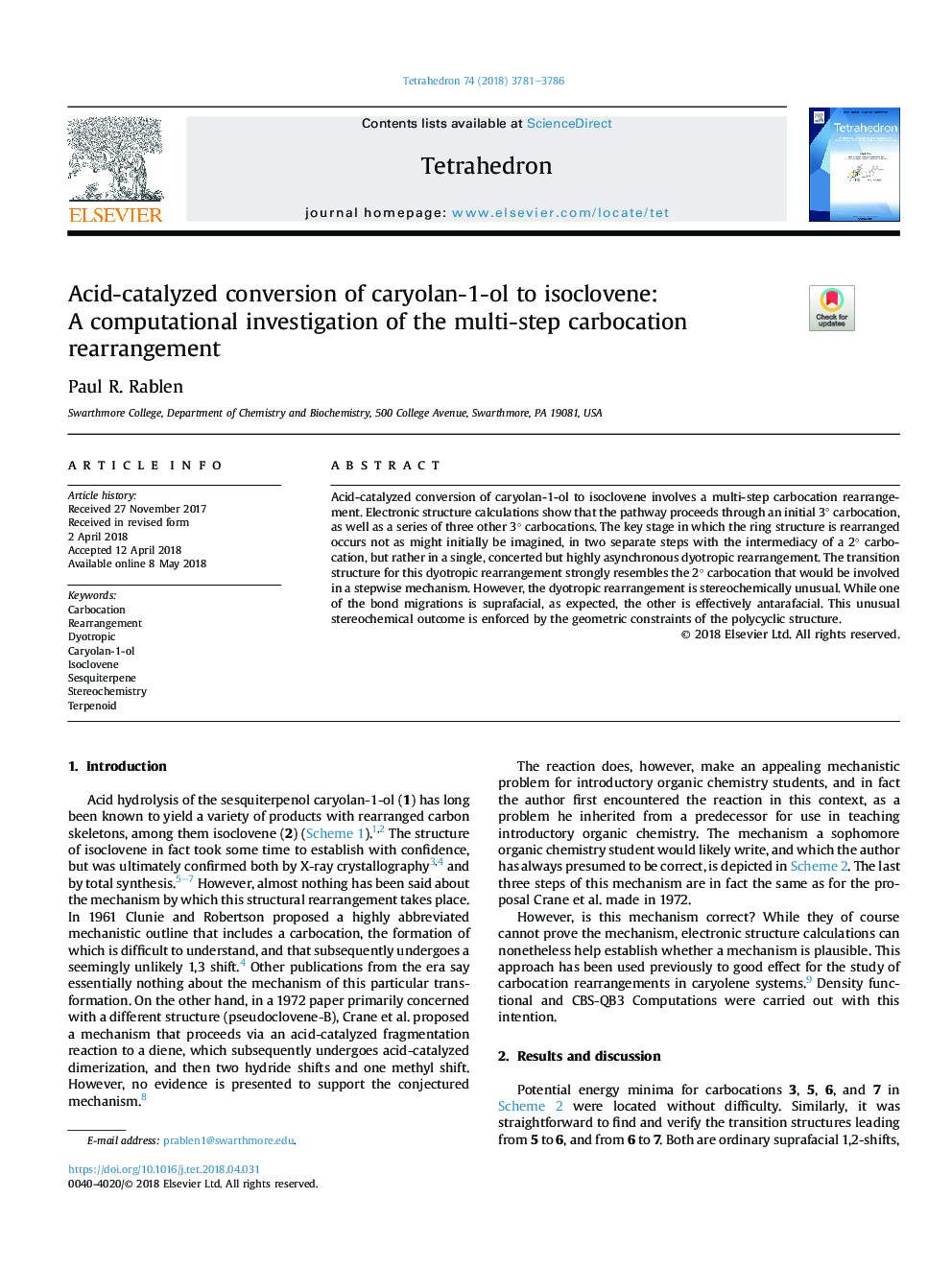 Acid-catalyzed conversion of caryolan-1-ol to isoclovene: AÂ computational investigation of the multi-step carbocation rearrangement