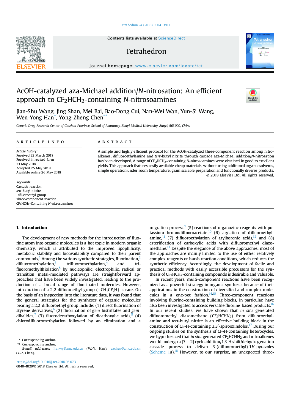AcOH-catalyzed aza-Michael addition/N-nitrosation: An efficient approach to CF2HCH2-containing N-nitrosoamines