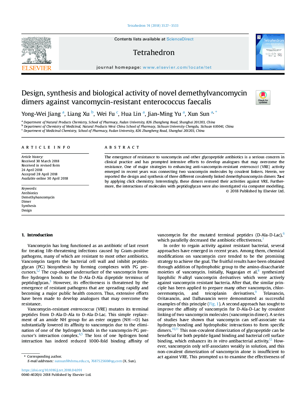 Design, synthesis and biological activity of novel demethylvancomycin dimers against vancomycin-resistant enterococcus faecalis