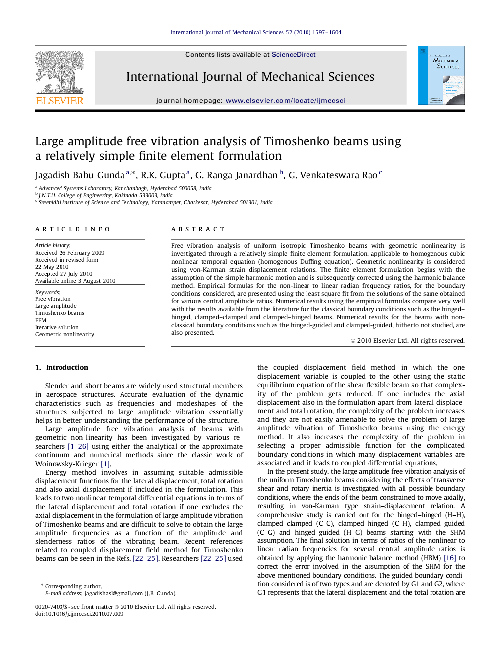 Large amplitude free vibration analysis of Timoshenko beams using a relatively simple finite element formulation