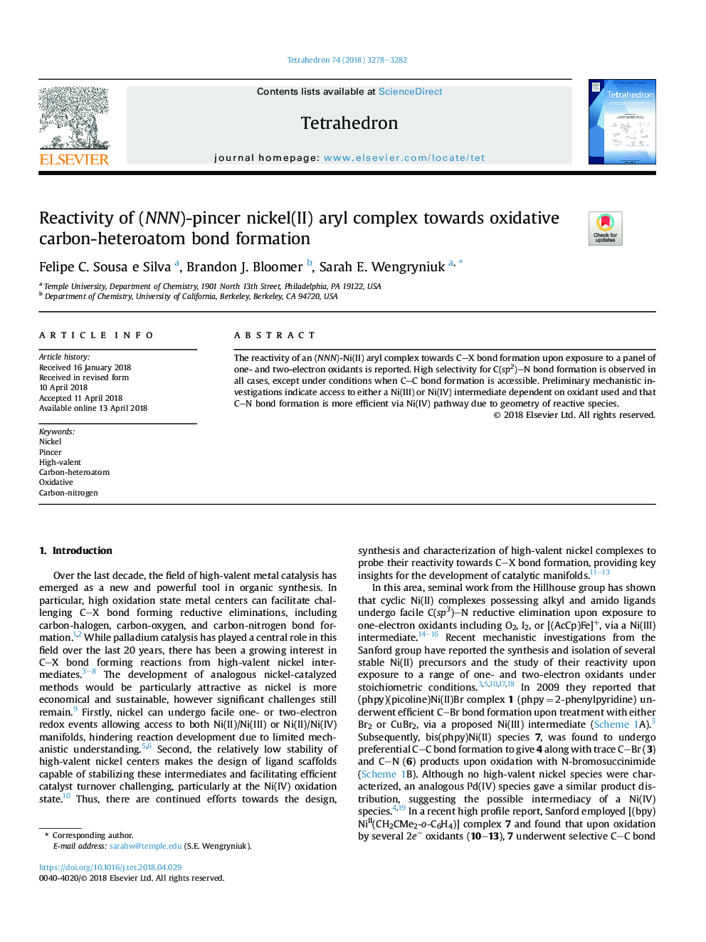 Reactivity of (NNN)-pincer nickel(II) aryl complex towards oxidative carbon-heteroatom bond formation