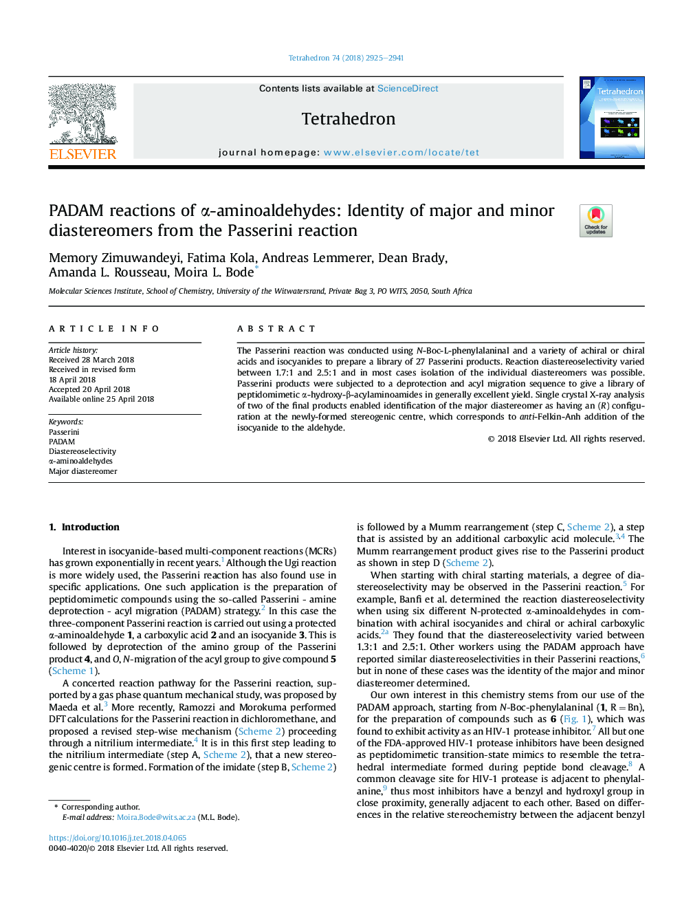 PADAM reactions of Î±-aminoaldehydes: Identity of major and minor diastereomers from the Passerini reaction