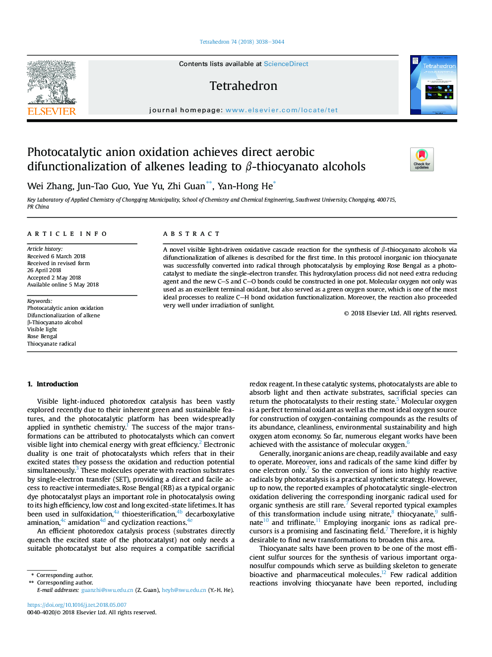 Photocatalytic anion oxidation achieves direct aerobic difunctionalization of alkenes leading to Î²-thiocyanato alcohols